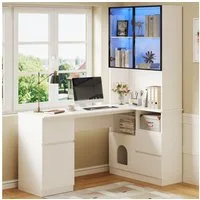 Flieks Eckschreibtisch 2-in-1 Hochschrank mit LED und Glastüren & L-förmig Arbeitstisch (1-St., Tischmaße: 120x45x76 cm, Schrankmaße: 80x30x180 cm), Regal-Schreibtisch Computertisch inkl. Glasvitrine/Bücherregal Weiß
