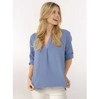 Zwillingsherz Schlupfbluse "Neon Kante" Musselin, eingefasster V-Neck in Neon, 3/4 Arm, hinten leicht länger