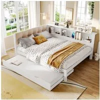Flieks Daybett, Kinderbett 140x200cm mit Ausziehbett 90x190cm LED-Leiste USB-Aufladen