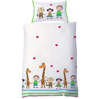 JACK Kinderbettwäsche 100x135cm Giraffen und Katzen Hand in Hand Fleuresse, Renforcé, 2 teilig, süßes Kindermotiv mit Freunden und Herzen