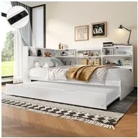 Merax Daybett Schlafsofa mit USB & Type-C (1 tlg), Massivholz Tagesbett 90x200cm mit Ausziehbett & Kopfteil mit Stauraum