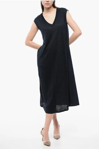 Ärmelloses Leinenkleid mit V-Ausschnitt in Mitternachtsblau