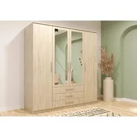 MOEBLO Drehtürenschrank RUTH 4D (mit Spiegel und Schubladen, Kleiderschrank 4-türig Schrank Garderobe Schlafzimmer) (BxHxT):200x210x64cm