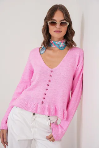Leichtes V-Ausschnitt-Stricktop mit Knopfdetails