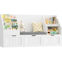 Homfa Kinderregal Sitzbank für Kinder mit 3 Schubladen auf Räder 140x80x39,5 cm, Spielzeugregal mit 2 offenen Fächern Kinderregal mit Bücherregal