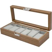 mixed24 Schmuckkasten Holz Uhrenkoffer für 6 Uhren Uhrenaufbewahrung Uhrenkasten Uhrenbox, Deckel aus Echtglas