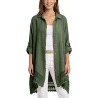 dy_mode Longbluse Damen Oversized Longbluse Musselin Tunika HemdbluseBlusenkleid in Unifarbe, dekorativem Häkel-Saum, Oversize-Passform