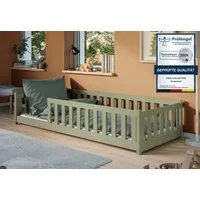 Kids Collective Kinderbett Bodenbett Bett mit Rausfallschutz & Lattenrost Montessori Bett Kinder (weitere Größen 80x160, 90x190, 90x200, 120x200, 140x200 cm), Jugendbett Einzelbett mit Matratze Olivgrün Kiefer 80x180 cm