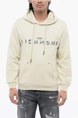 Hoodie aus gebürsteter Baumwolle mit gesticktem Logo in Beige