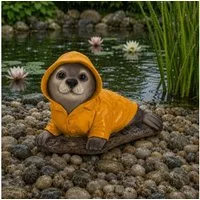 Online-Fuchs Gartenfigur für draußen - Seehund im Regenmantel - Teichdeko - 21,5 cm groß, (Robbe, süßes Design), aus langlebigem Kunstharz gefertigt - wetterfest