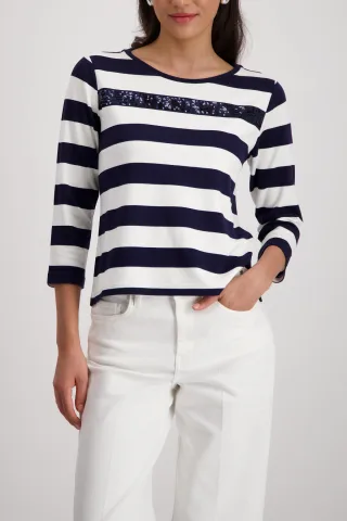 monari - Sweatshirt mit Pailletten-Streifen marine ringel - Gr. - 36