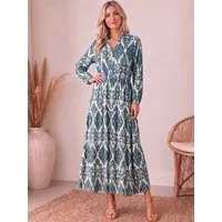 Kendindza Collection Maxikleid Sommerkleid Damen Lang Viskose Elegantes Sommer Kleid lang Maxi Kleid Ikat-Print Knopfleiste & Schnurbund, Luftig Leicht