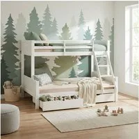 Homestyle4u Etagenbett 140x200 90x200 Hochbett Geschwisterbett Kinder Weiß Grau Erwachsene (Komplett-Set mit 2x Lattenrost, 2x Bettkasten, 2 Matratzen mit OEKO-TEX® Standard 100), Rausfallschutz