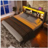 Flieks Polsterbett, LED-Beleuchtung Doppelbett mit Steckdose 160x200cm Leinen