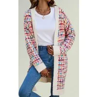 FS Collection Longstrickjacke Bouclé Strickjacke Cardigan mit Karomuster – gemütlicher Stil (Einheitsgröße: UK 8–16 / EU 36–44, 3 Farben : Cremeweiß Bunt, Marineblau Bunt und Braun Bunt) 100 % Acryl