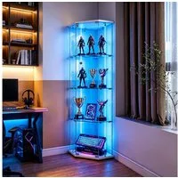 Simurq Glasvitrine Eckvitrine 162cm LED Sammlervitrine,4 Lagen Eck-Glasvitrine Stehend (Packung, Sammlervitrine Schauvitrine mit 1 türen und Schloss, Gehärtetes Glas) LED-Streifenbeleuchtung, Mit Schloss,Fünfeckiges Design,Einzeltür