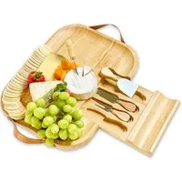 hausleben Käsebrett Bambus-Käsebrett und Messer-Set – Holz-Charcuterie-Brett mit, (1-St), Ledergriffen und herausziehbarer Schublade