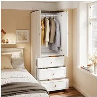 SoBuy Kleiderschrank KSB04, Garderobenschrank mit 2 Drehtüren, schmaler Mehrzweckschrank (1er Set) mit 2 Türen, 3 Schubladen und Kleiderstange, für Schlafzimmer