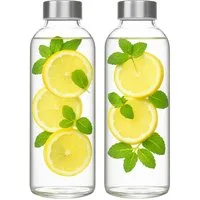 mixed24 Trinkflasche 2x Trinkflasche aus Glas 1 Liter Edelstahl Wasserflasche Glasflasche, auslaufsicher, Dichtung aus Silikon