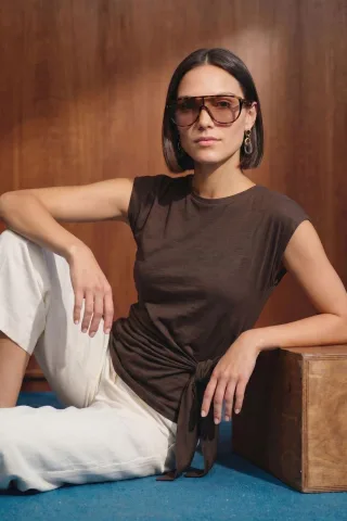 Damen ärmelloses Baumwoll-T-Shirt mit Rundhalsausschnitt und Bindedetail