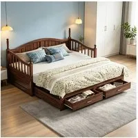MODFU Schlafsofa Multifunktionales Zwei-in-Eins-Tagesbett, Ausziehbares Schlafsofa aus Massivholz 90x190cm bis 180x190cm – Mit eleganter römischer Säule, geschwungener Rückenlehne, Stauraum-Schubladen, stabiler Lattenrost, ohne Matratze