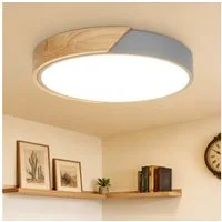 Kimjo Deckenleuchte runde LED-Deckenlampe, Ø30cm ultradünn für alle Wohnräume, LED fest integriert, Warmweiß, LED-Panel mit Holzoptik & grauem Rahmen, 24 W, 3000 K