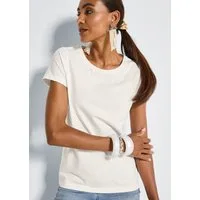 MADELEINE Kurzarmshirt Elegantes Shirt mit Glanzakzenten, Rundhals Ton-in-Ton Shirt mit Ziersteinen tailliert, Baumwollstretch