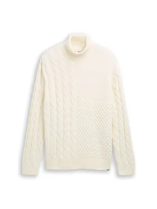 Denim Tom Tailor - Relaxed Fit Rollkragenpullover mit Zopfmuster wool white - Gr. - XXL