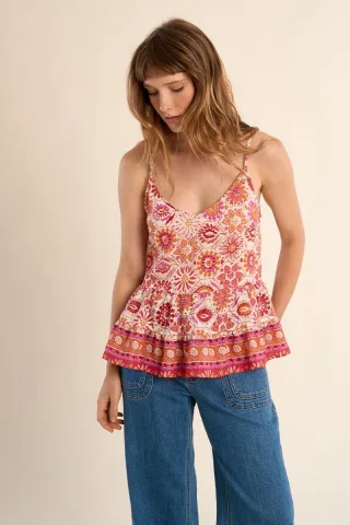 molly bracken - Bedrucktes Tanktop mit gerüschtem Saum pink/orange - Gr. - XS