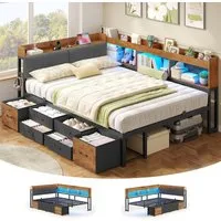 MSMASK Daybett Tagesbett Schlafsofa mit LED-Beleuchtung & Ladestation, Jugendbett mit 6 Staufächern und 6 Schubladen – Liegefläche 140x200 cm