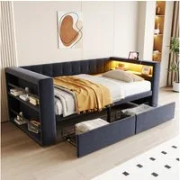 Flieks Daybett, Polsterbett Schlafsofa 90×190cm mit LED, Steckdose und 2 Schubladen