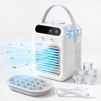 PRIISF Ventilatorkombigerät Mini Klimaanlage 4in1 Akku Tragbarer Luftkühler Sprühnebel Ventilator, 1800 mAh Akku Mobile Luftkühlgerät Leise Klimagerät 500ml Wassertank