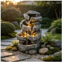 KOMFOTTEU Zimmerbrunnen 5-stufiger Felsoptik Springbrunnen Gartenbrunnen, mit LED Beleuchtung & Pumpe