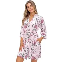 Donna Morgenmantel Damen Kimono kurz mit Blumenprint, Viskose, Schalkragen, Bindegürtel, Leichter Viskose-Morgenmantel mit Gürtel & Taschen, ca. 90 cm