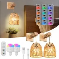 MUPOO Wandleuchte Rattan-Wandleuchte Boho LED Wandleuchte innen,RGB,Batteriebetriebene, 2 Stück, Fernbedienung, 15 Farben, Dimmbar E27 Leuchtmittel, Timer