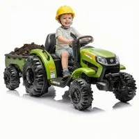 Hecht Elektro-Kindertraktor mit abnehmbarm Anhänger bis 5km/h, bis 30kg, 12V / 10 Ah, Belastbarkeit 30 kg, Hupe, Scheinwerfer, Traktor Sounds, Radio, USB, AUX, SD
