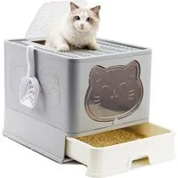 RAIKOU Katzentoilette Mit Geruchsschutz Schaufel und Schublade Robustes Abs-Material, Quadratisch, Spritzwassergesc