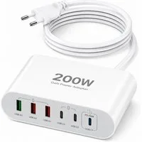 Vivitar 200W Ladegerät mit 6 Anschlüssen, GaN-Schnellladegerät, 100W USB-C-PD USB-Ladegerät (inklusive eines 1,5 m langen, abnehmbaren Verlängerungskabels, für Tablets, Smartphones, Laptops, Smartwatches, Kopfhörer, Powerbanks, mit USB-A-Multiport, U
