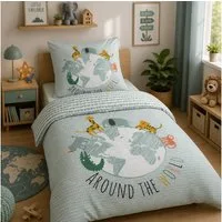 Familando Kinderbettwäsche Planet Erde 135x200 80x80 cm Welt-Kugel & Safari Tiere Bettwäsche, Renforcé, 2 teilig, Bettwäsche mit liebevollem Motiv für Mädchen und Jungen