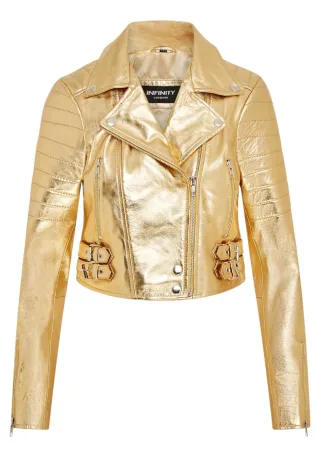 Goldene, verkürzte Brando-Bikerjacke aus Leder für Damen – Damaskus