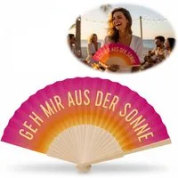 LS-LebenStil Handfächer Holz Stoff Fächer "Geh mir aus der Sonne" Pink faltbar Faltfächer, (hochwertig aus Holz mit Stoff und coolem lustigem Spruch, 1-tlg., Stylische Abkühlung), für Geburtstag, Hochzeit, Party oder als Wand Dekoration