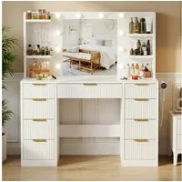 Furnicopia Schminktisch Mit einstellbarer LED-Beleuchtung, 7 Schubladen und 4 Fächern (Große Größe: 110 × 40 × 137 cm, mit 1 USB-Anschluss, 1 Typ-C-Ladeanschluss, 2 Netzsteckdosen und 1 Föhnhalterung. Erhältlich in Weiß oder Schwarz-ostern geschenke)