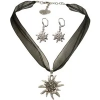 Alpenflüstern Ketten-Set Trachtenschmuck-Set Organza-Trachtenkette und Ohrhänger Strass-Edelweiß (schwarz), - Damen-Trachten-Schmuck, Trachtenset Dirndl-Kette und Trachten-Ohrringe