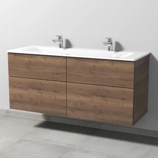 Sanipa 3way Glas-Set Glas-Doppelwaschtisch und Unterbau mit 4 Auszügen, Eiche-Tabak SM20850