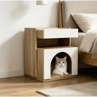 FUFU&GAGA Nachttisch Weiß Eiche mit Katzenhoehle, 2-in-1 Beistelltisch modern