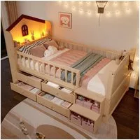 Flieks Kinderbett, Halbhohes Bett Hausbett Holzbett 90x200cm mit LED und 4 Schubladen