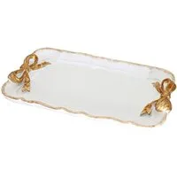 FOUORTUNATE-BEE Schmuckkasten Schmuck Aufbewahrungsbox Weiß mit Schleife Deko Tablett Vintage Stil, Schmucktablett Weiß Schleifen Design für Ringe Ohrringe Kosmetik Deko