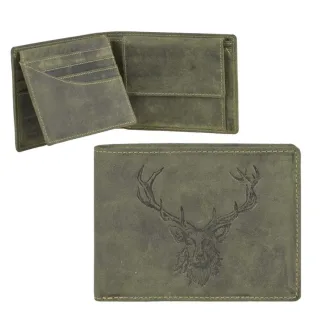 Geldbörse Leder Hirsch-Prägung oliv | Greenburry Hunting Portemonnaie mit Sichtfenster. Robuster Organizer für Jäger und Outdoor-Fans.