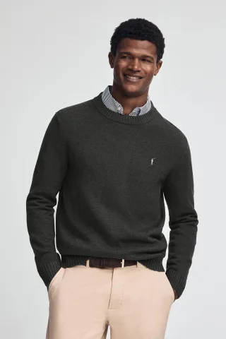 Pullover dunkelgrau meliert aus Wollgemisch mit gesticktem Rigby Go-Logo