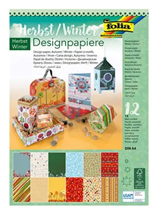 folia 11349 - Designpapier Block Herbst / Winter DIN A4 165 g/qm 12 Blatt sortiert in 12 verschiedenen Motiven hochwertig illustriertes Papier mit Glitterapplikation